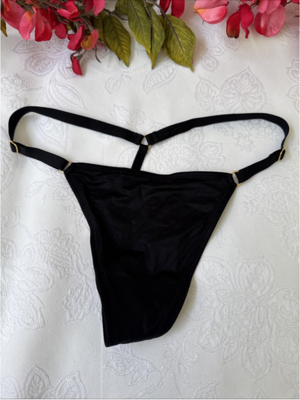 VICTORIA'S SECRET XS BLACK SILKY GOLD CHARM VERY SEXY V STRING THONG PANTIES NWT